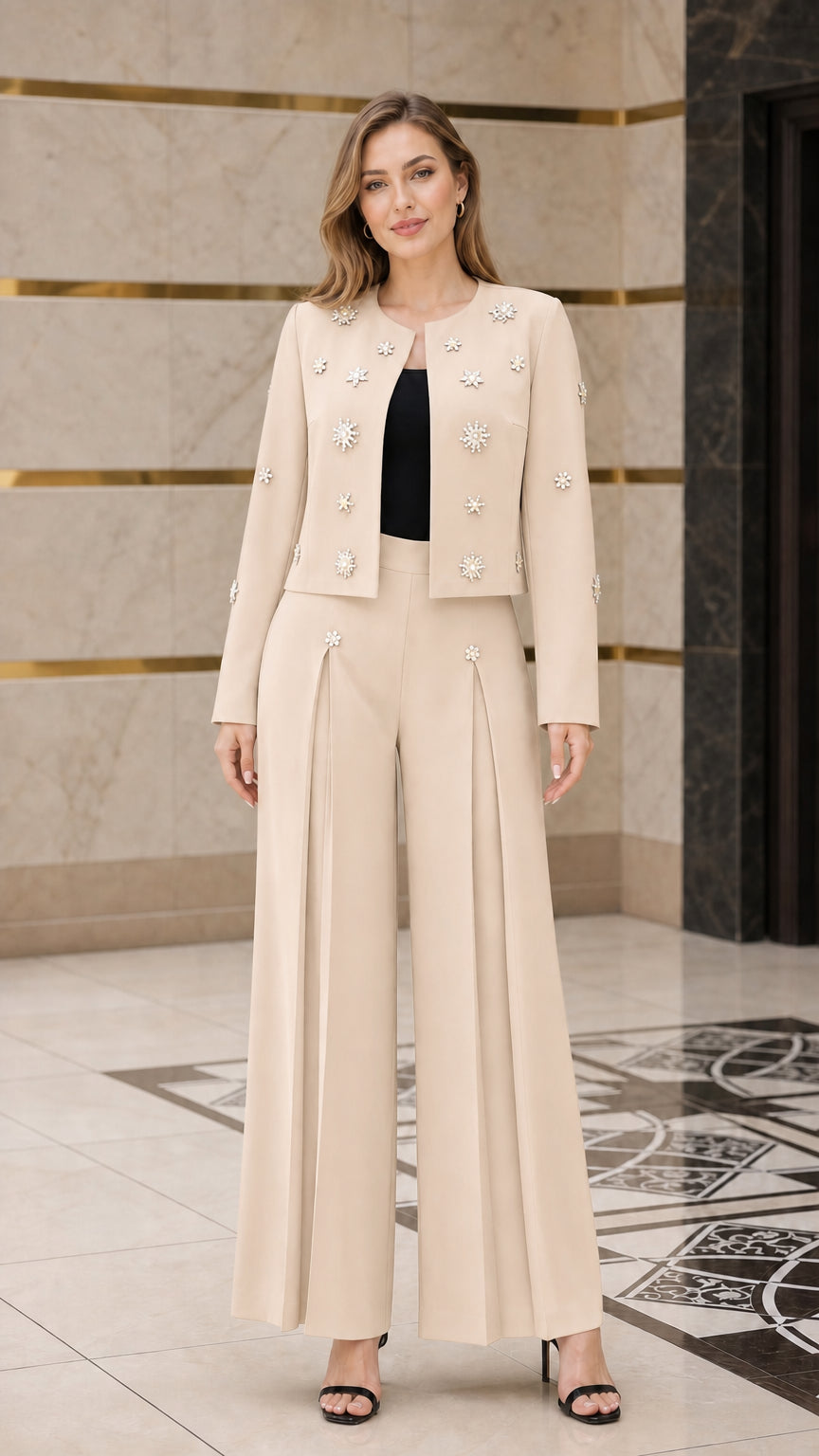 Model wearing champagne cream embellished cropped jacket and pleated trousers set