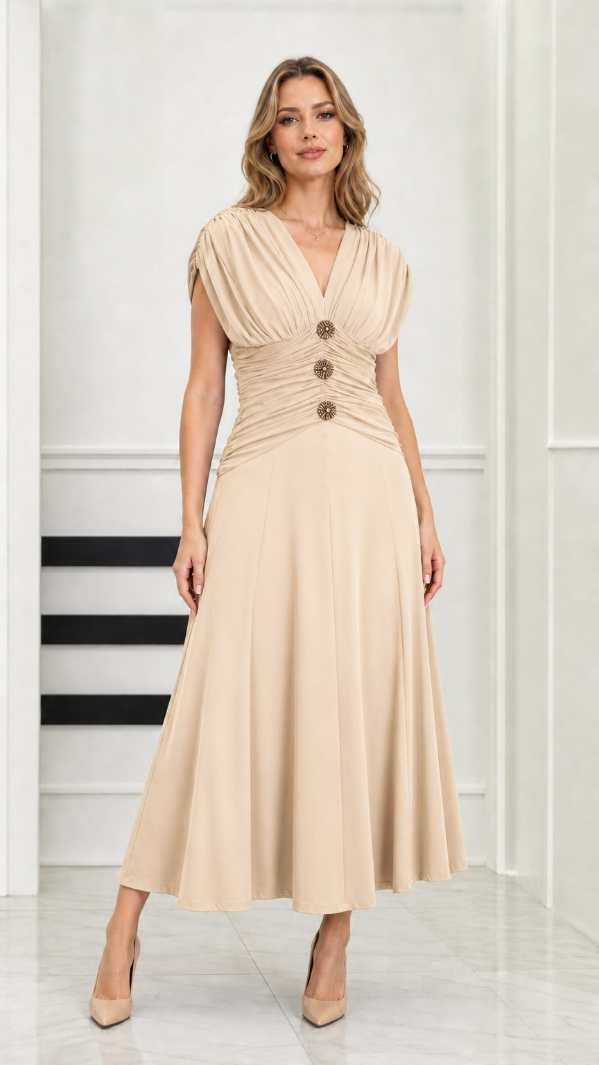 Front full-length view of model wearing champagne ruched waist V-neck midi dress