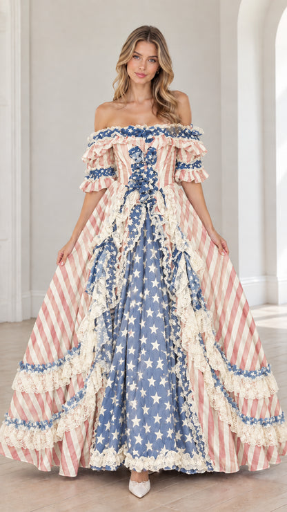 Full-length front view of vintage muted blue and pink patriotic ball gown