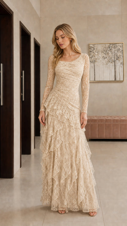 Champagne beige long sleeve lace tiered maxi gown
