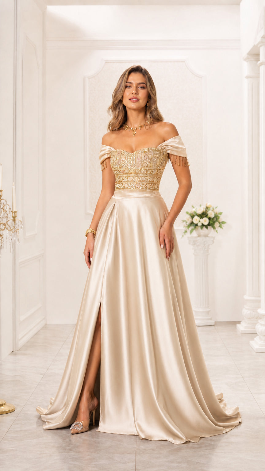 Model wearing champagne gold off-the-shoulder embroidered satin evening gown with slit