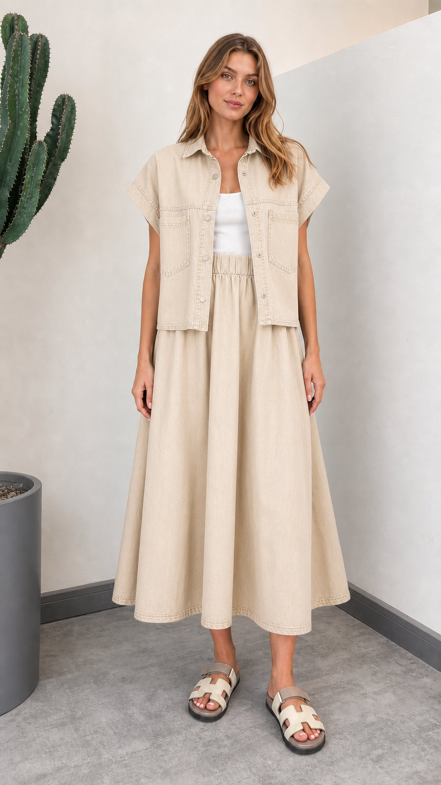 Sand Beige short sleeve collared denim shirt and flared skirt two-piece set