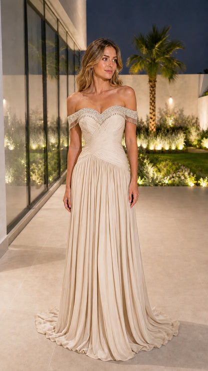 Front view of champagne beige off-the-shoulder pleated chiffon evening gown