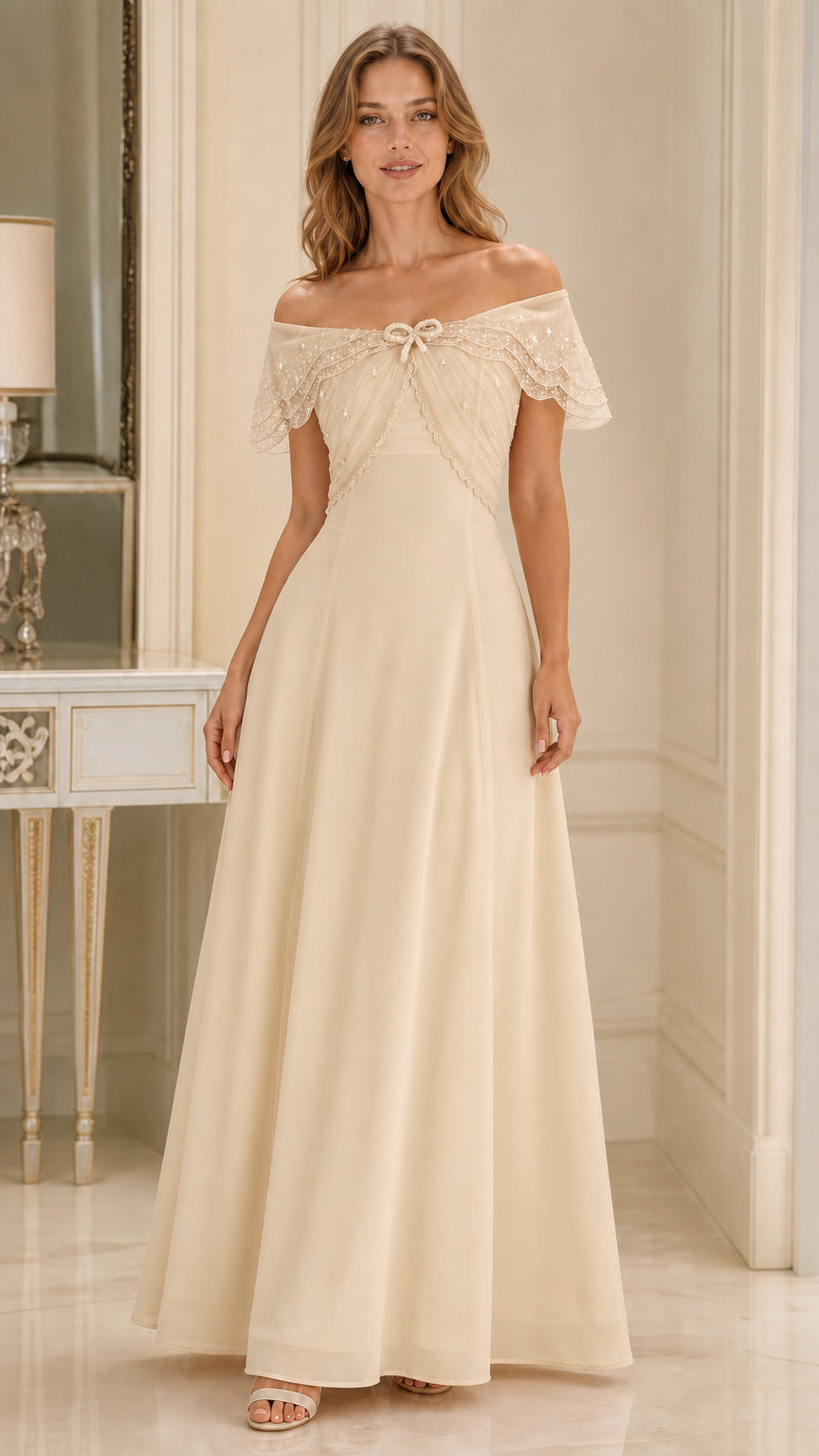 Front view of champagne ivory off-the-shoulder formal evening maxi gown