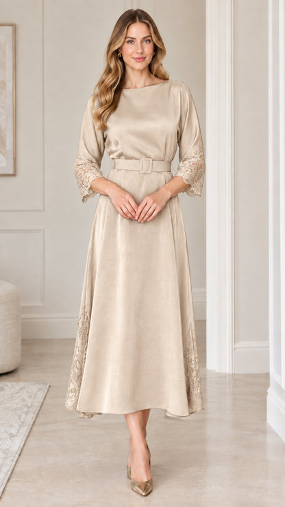 Full front view of champagne beige belted A-line midi dress with lace detail