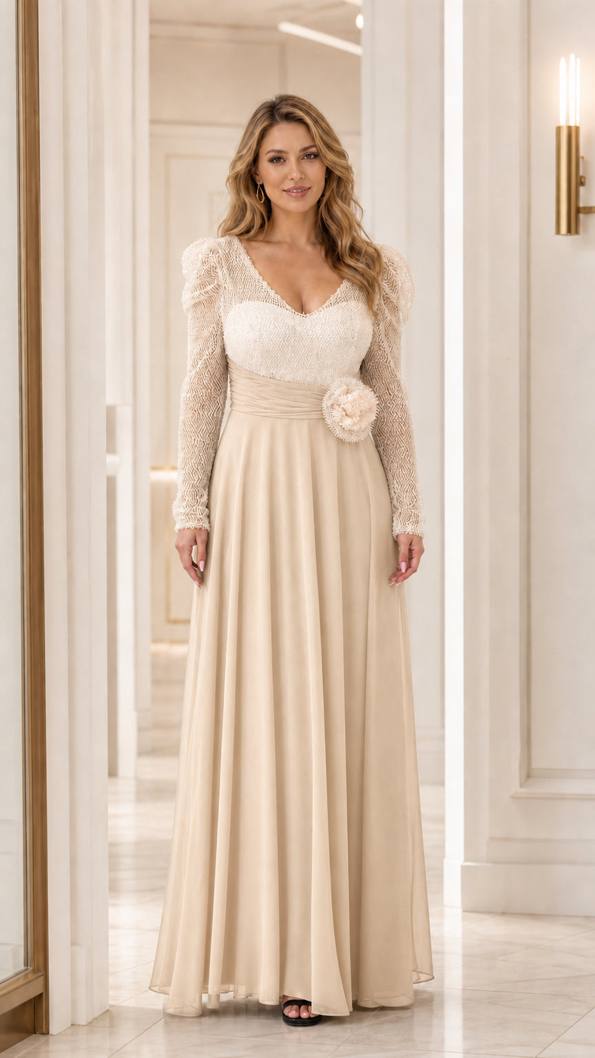 Champagne monochrome sequin bodice and chiffon skirt formal maxi dress