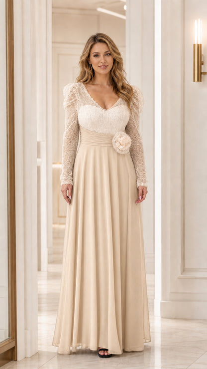 Champagne monochrome sequin bodice and chiffon skirt formal maxi dress