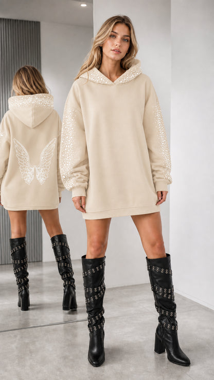 Beige oatmeal oversized rhinestone angel wing hoodie dress shown from front and back