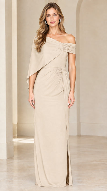 Champagne beige one-shoulder formal evening maxi gown on model