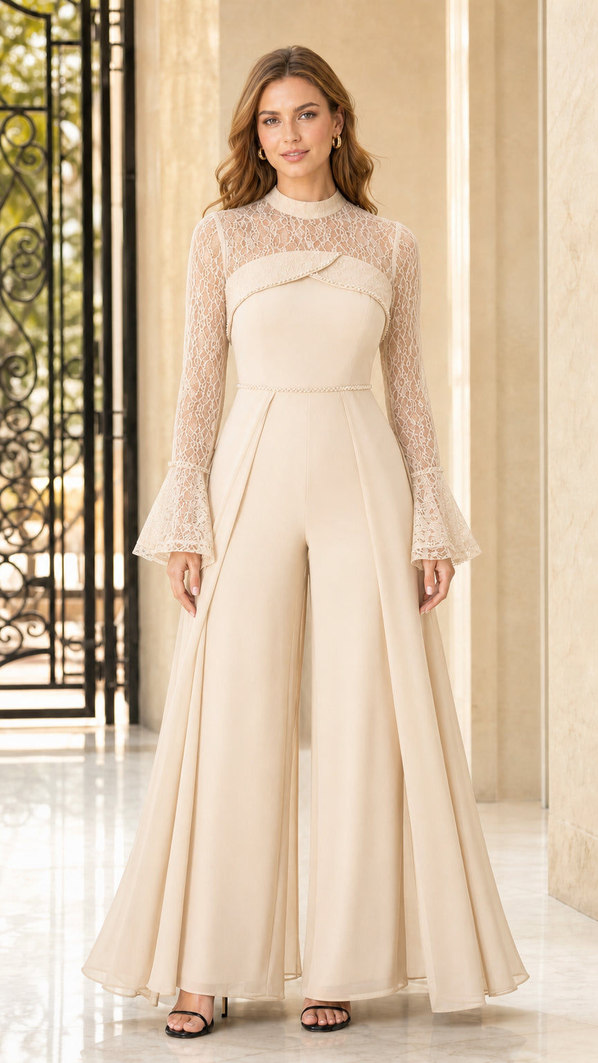 Full front view of champagne beige lace mock neck wide-leg evening jumpsuit