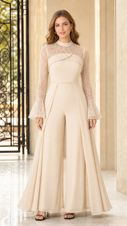 Full front view of champagne beige lace mock neck wide-leg evening jumpsuit