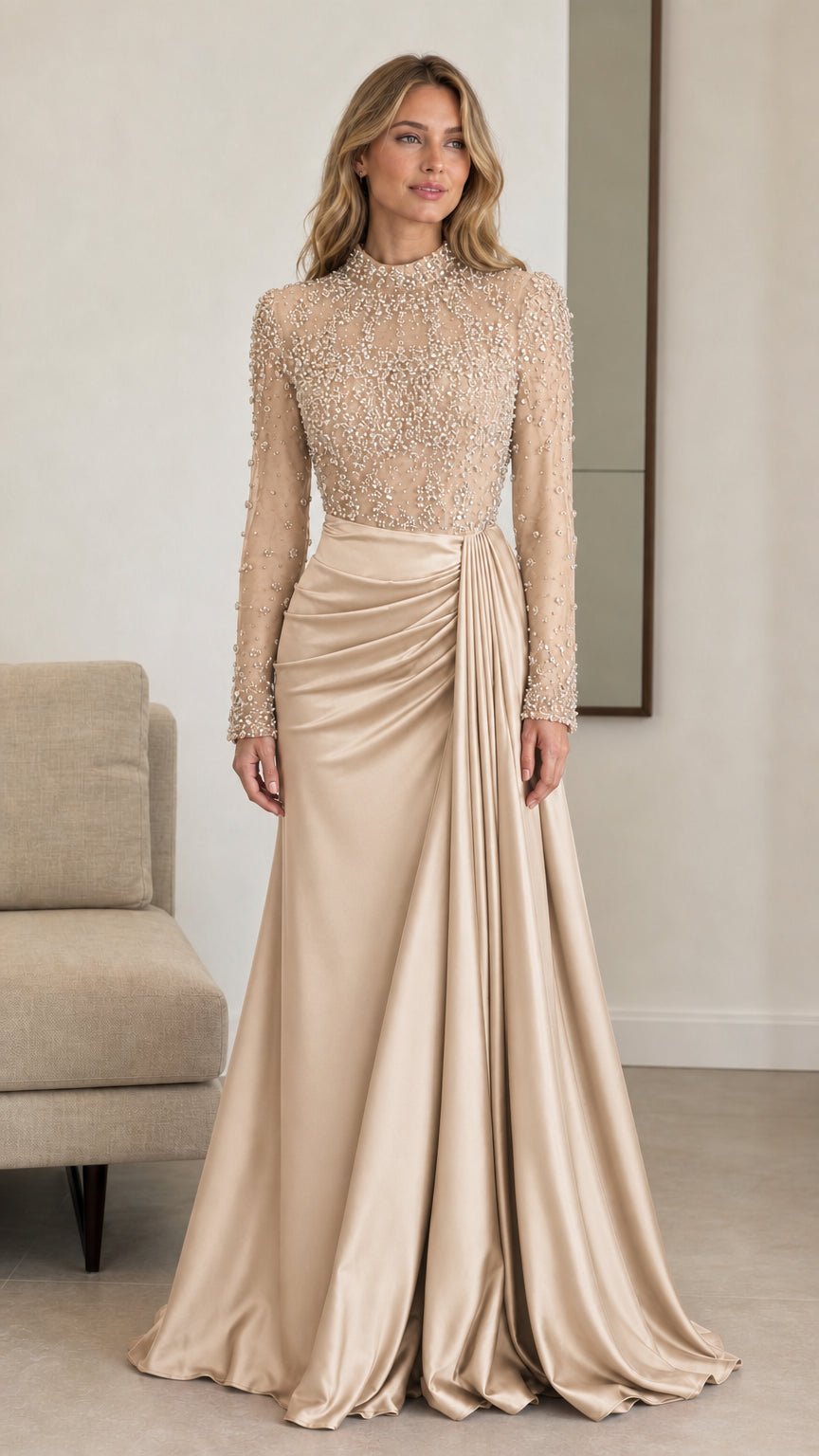 Front view of champagne gold long sleeve beaded high neck formal dress