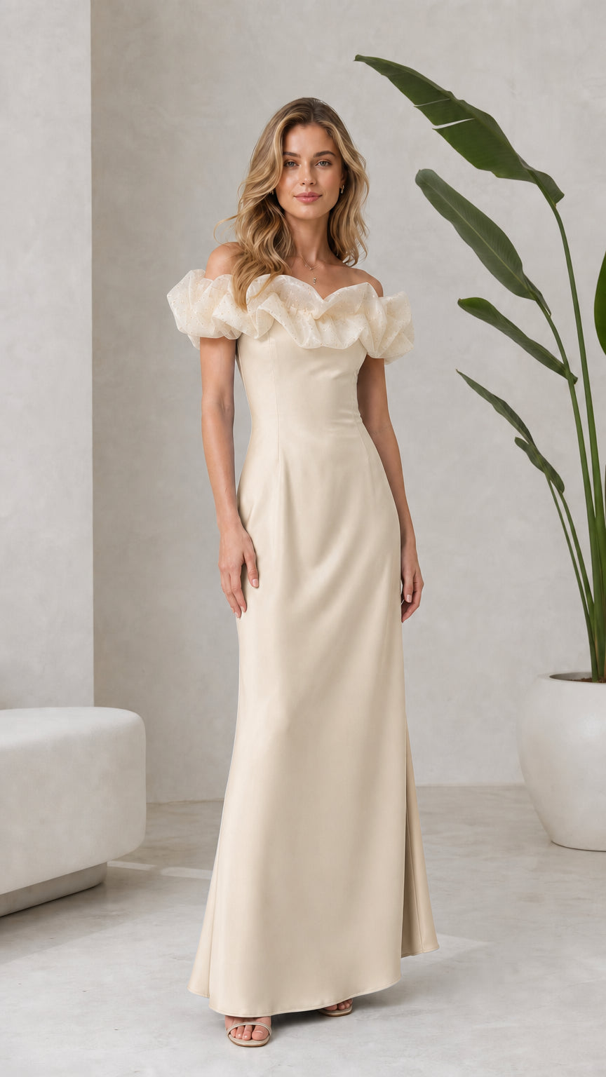 Champagne cream off-the-shoulder floor-length evening gown