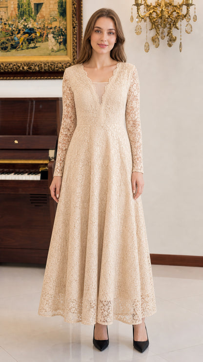 Front view of woman wearing champagne beige floral lace long sleeve maxi dress