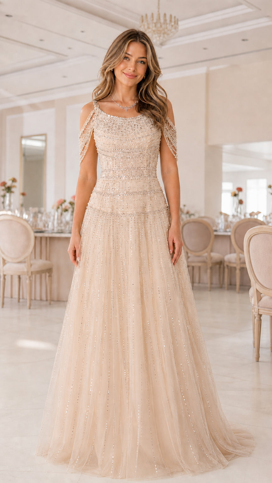 Full-length front view of model in champagne nude sequin formal evening dress