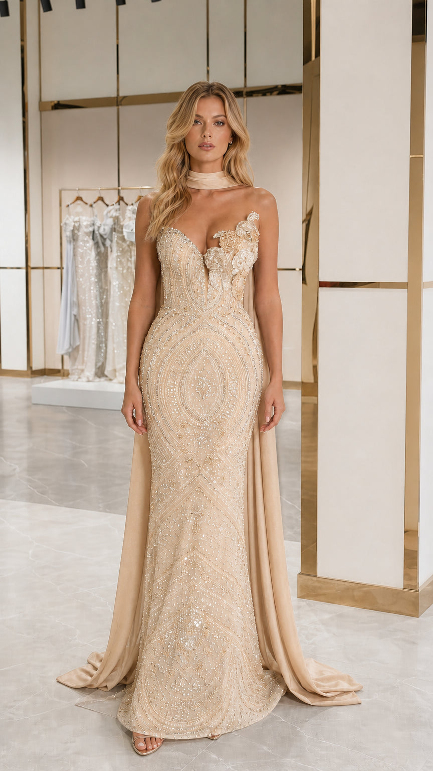 Champagne gold embellished strapless evening gown with elegant floor-length cape