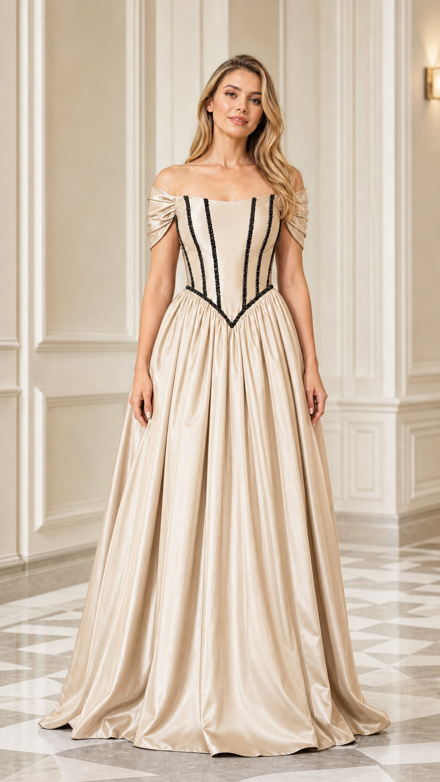Champagne beige satin off-the-shoulder formal maxi gown