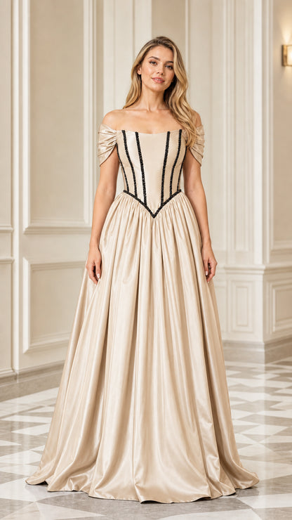 Champagne beige satin off-the-shoulder formal maxi gown