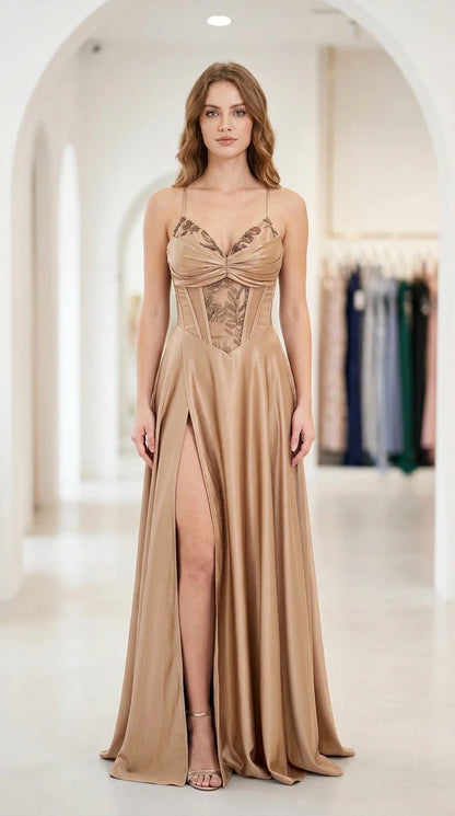 Front full-length view of champagne gold satin corset formal maxi dress