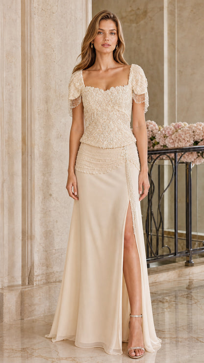Full-length view of champagne beige embellished formal dress