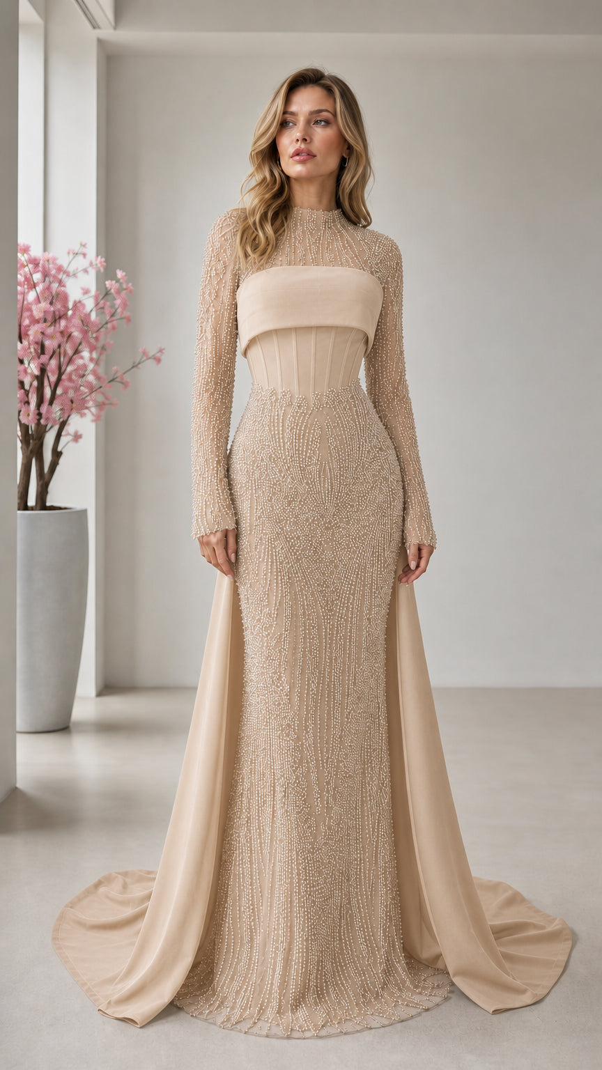 Front view of champagne beige beaded long sleeve formal gown with train