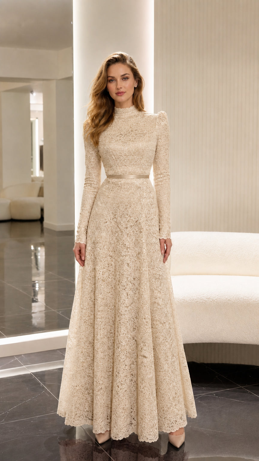 Champagne cream formal long sleeve floral lace evening dress
