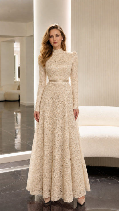 Champagne cream formal long sleeve floral lace evening dress