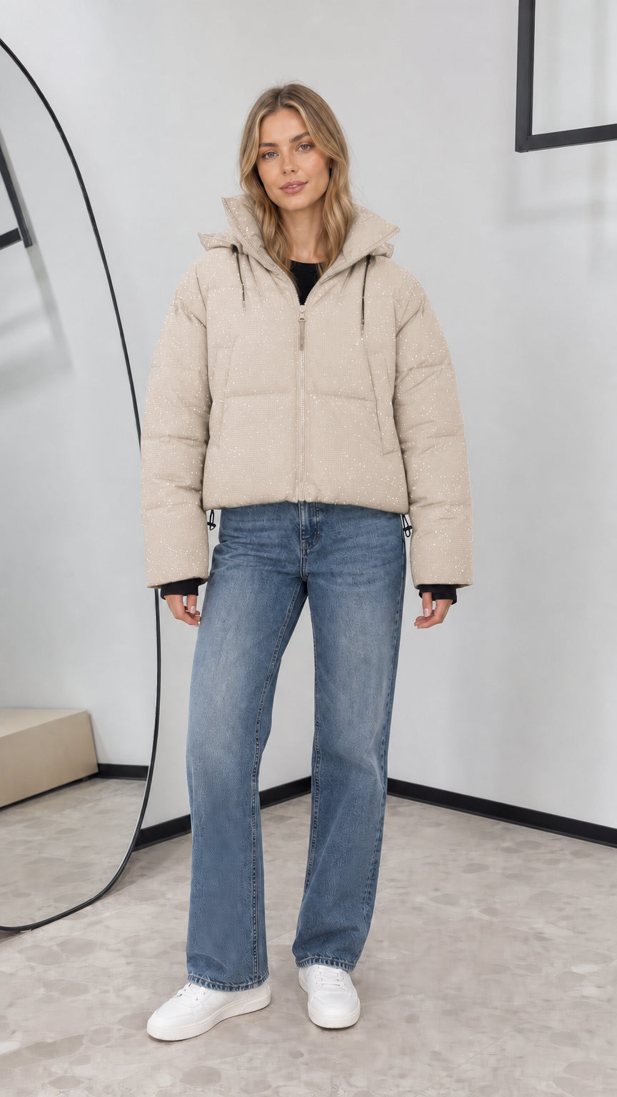 Full front view of beige cream sparkle cropped hooded winter jacket
