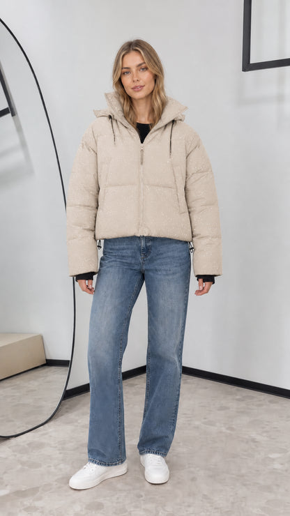 Full front view of beige cream sparkle cropped hooded winter jacket