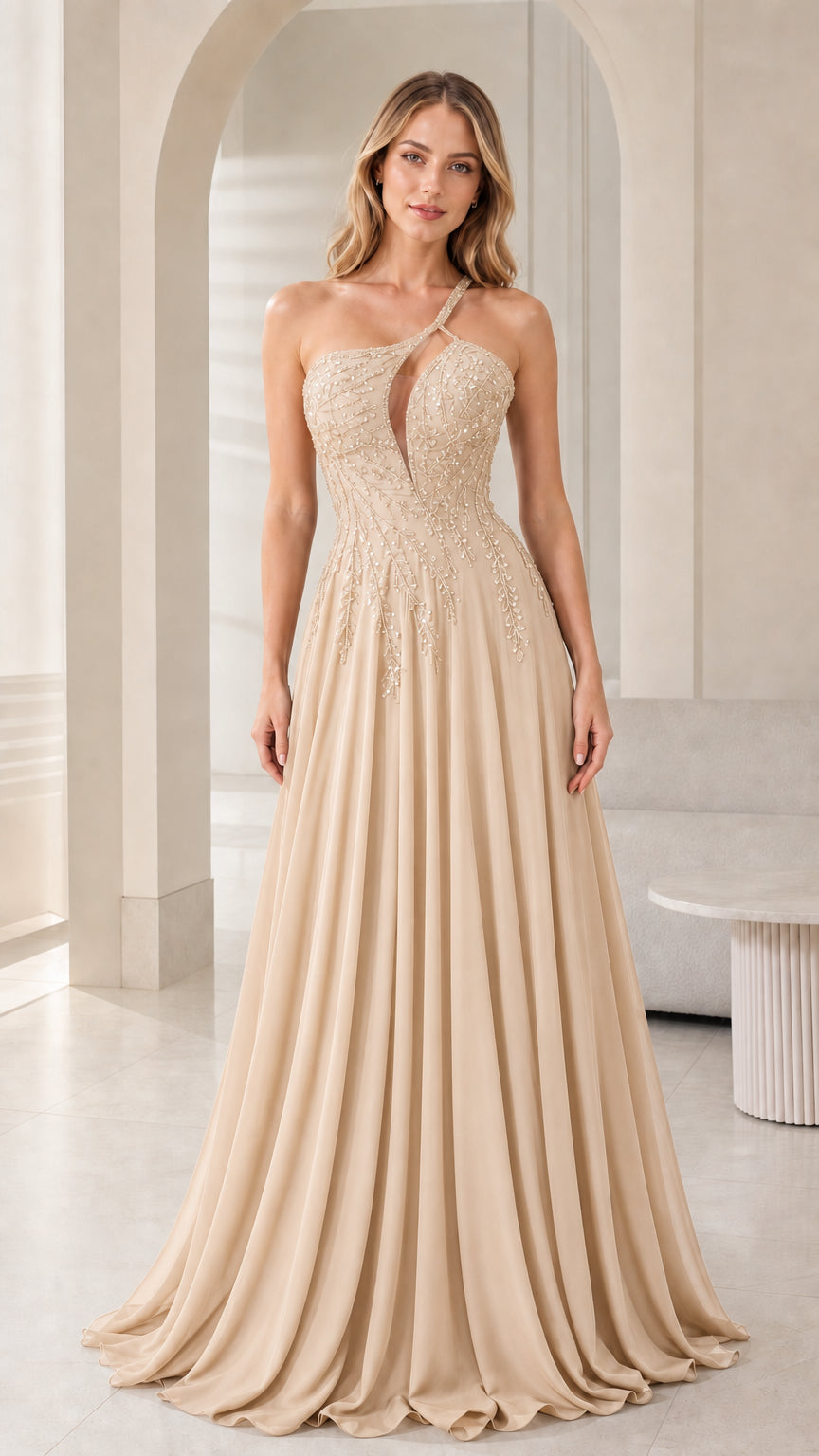 Front view of woman wearing champagne gold one-shoulder chiffon formal dress