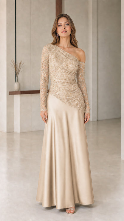 Champagne gold one-shoulder sequined evening gown with satin skirt