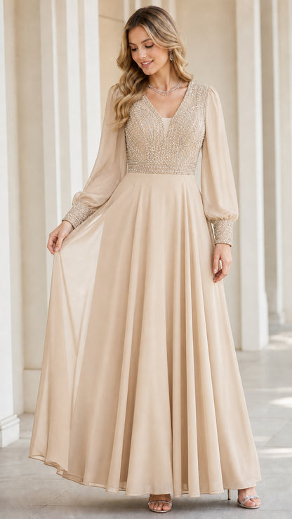 Champagne beige beaded bodice long sleeve formal evening maxi dress
