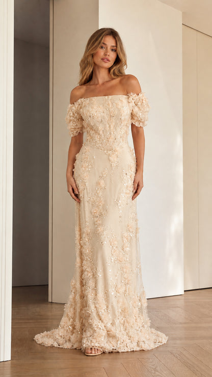 Champagne off-the-shoulder 3D floral sequin evening gown