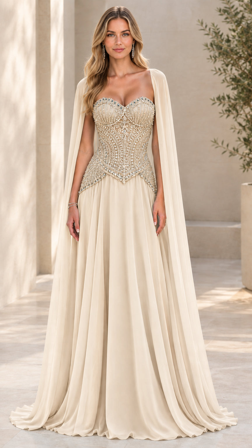 Champagne gold embellished corset formal dress with dramatic shoulder cape