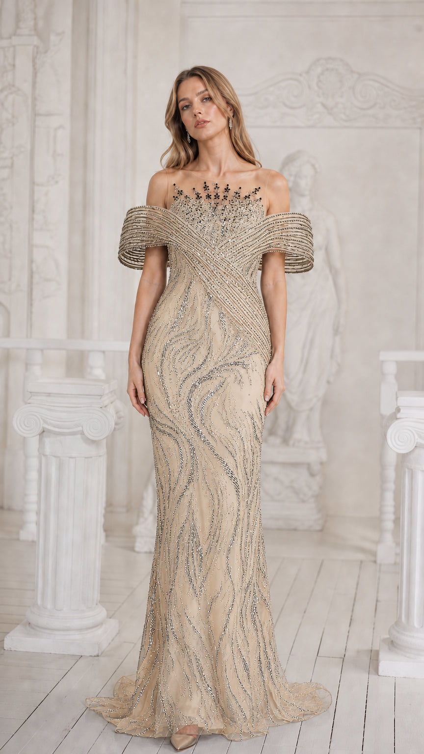 Front view of champagne gold sequined illusion mermaid gown