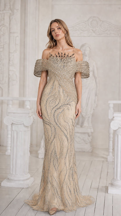 Front view of champagne gold sequined illusion mermaid gown