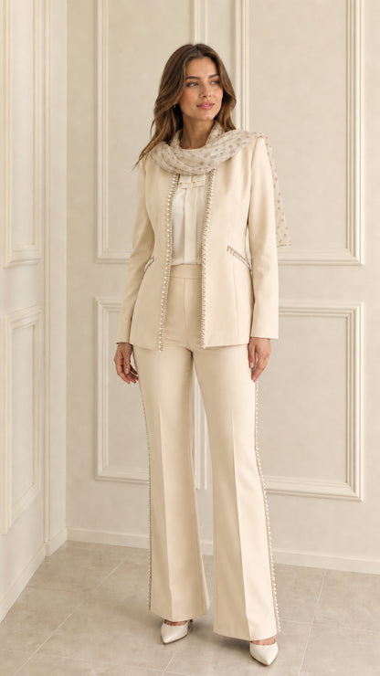 Champagne cream pearl trimmed blazer and flared trouser suit set
