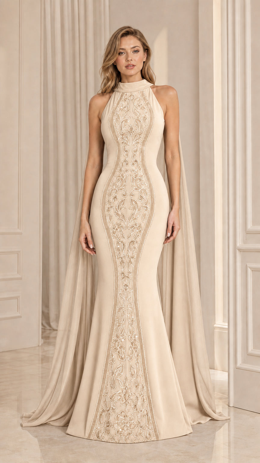 Champagne high neck embroidered mermaid formal gown with sheer cape drapes