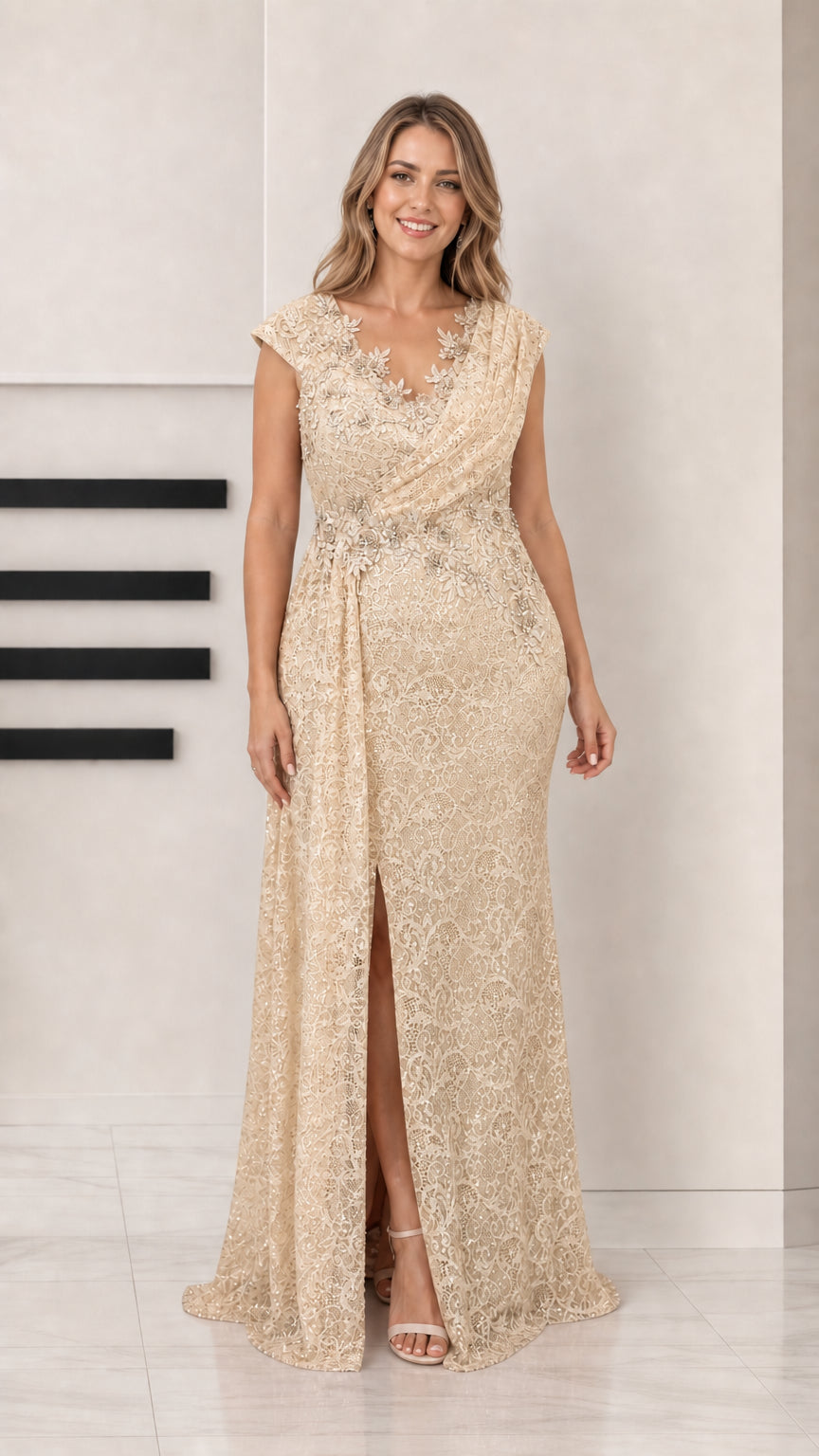 Front view of woman wearing champagne gold sequin lace evening dress with front slit
