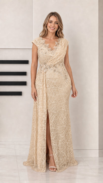 Front view of woman wearing champagne gold sequin lace evening dress with front slit
