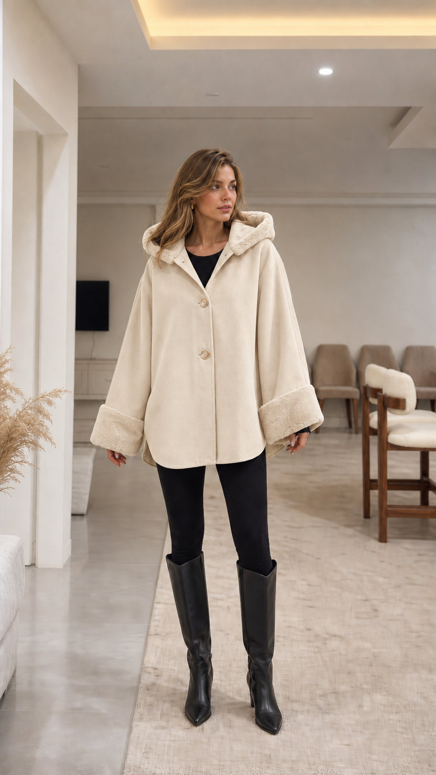 Model wearing cream off-white hooded cape coat with faux fur trim