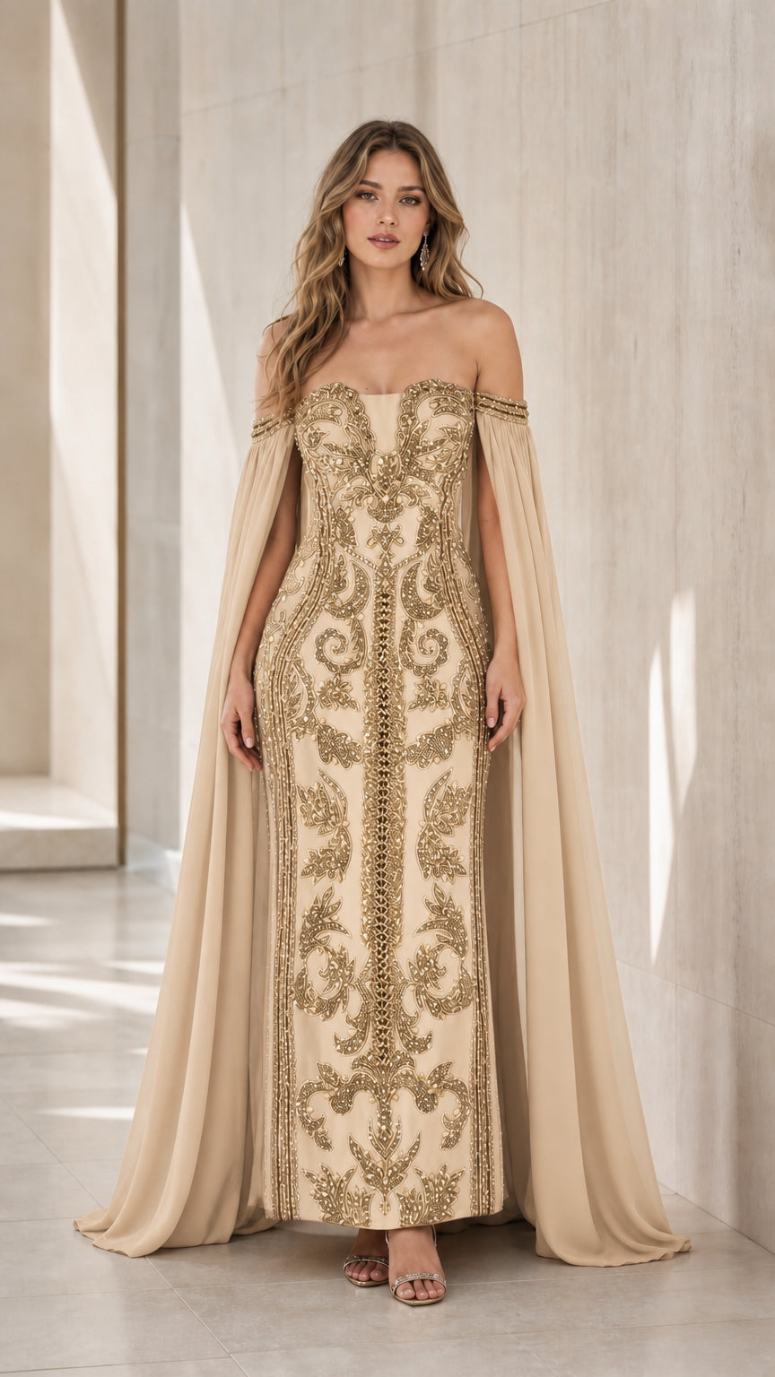 Champagne gold floor-length cape evening gown with intricate metallic embroidery