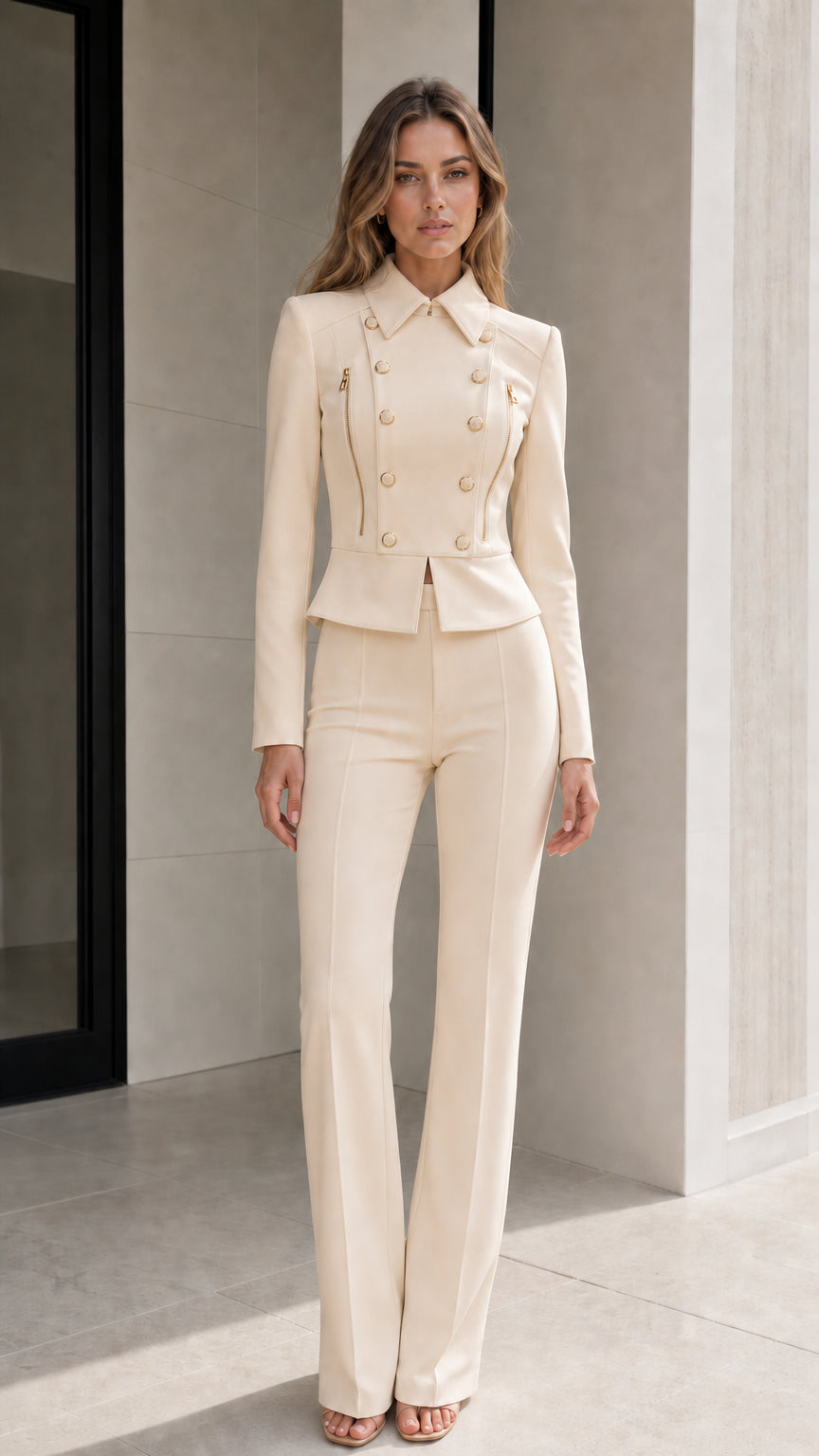 Model wearing beige cream double-breasted peplum blazer and flared trousers suit set