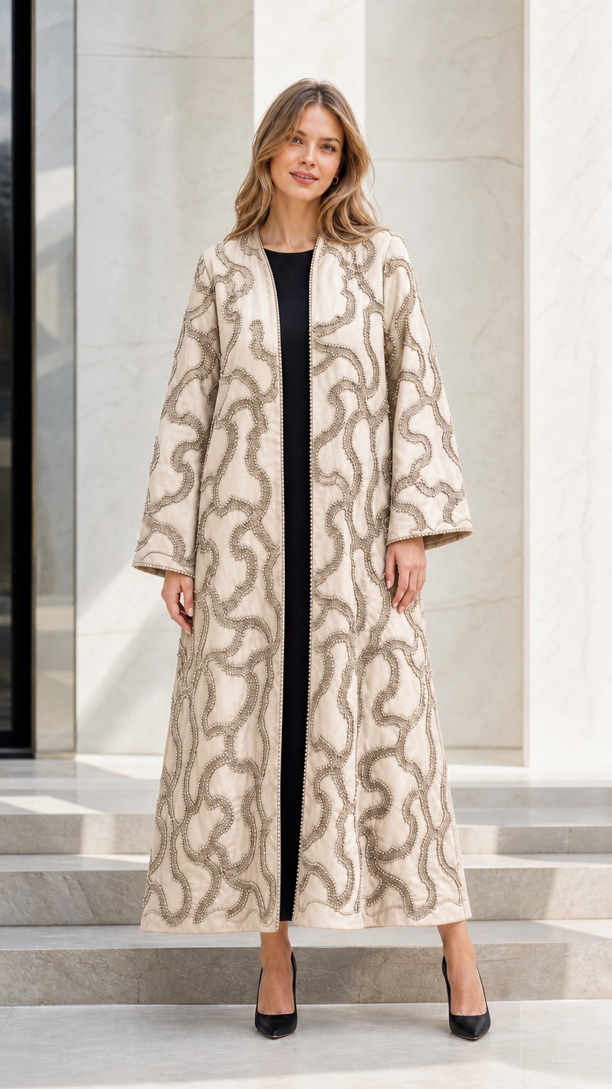 Model wearing Champagne beige beaded long modest kimono coat
