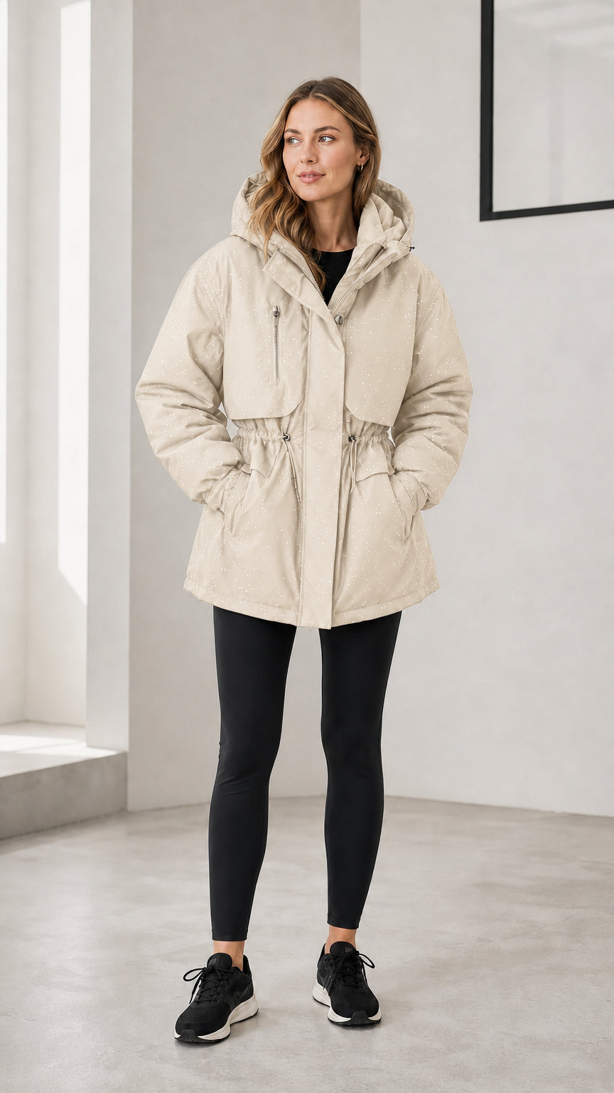 Model wearing cream off-white hooded drawstring waist winter parka