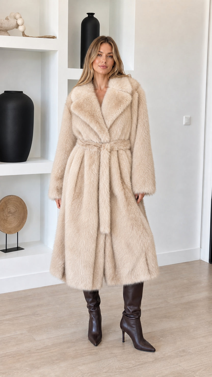 Full-length view of model wearing cream beige plush faux fur long wrap coat