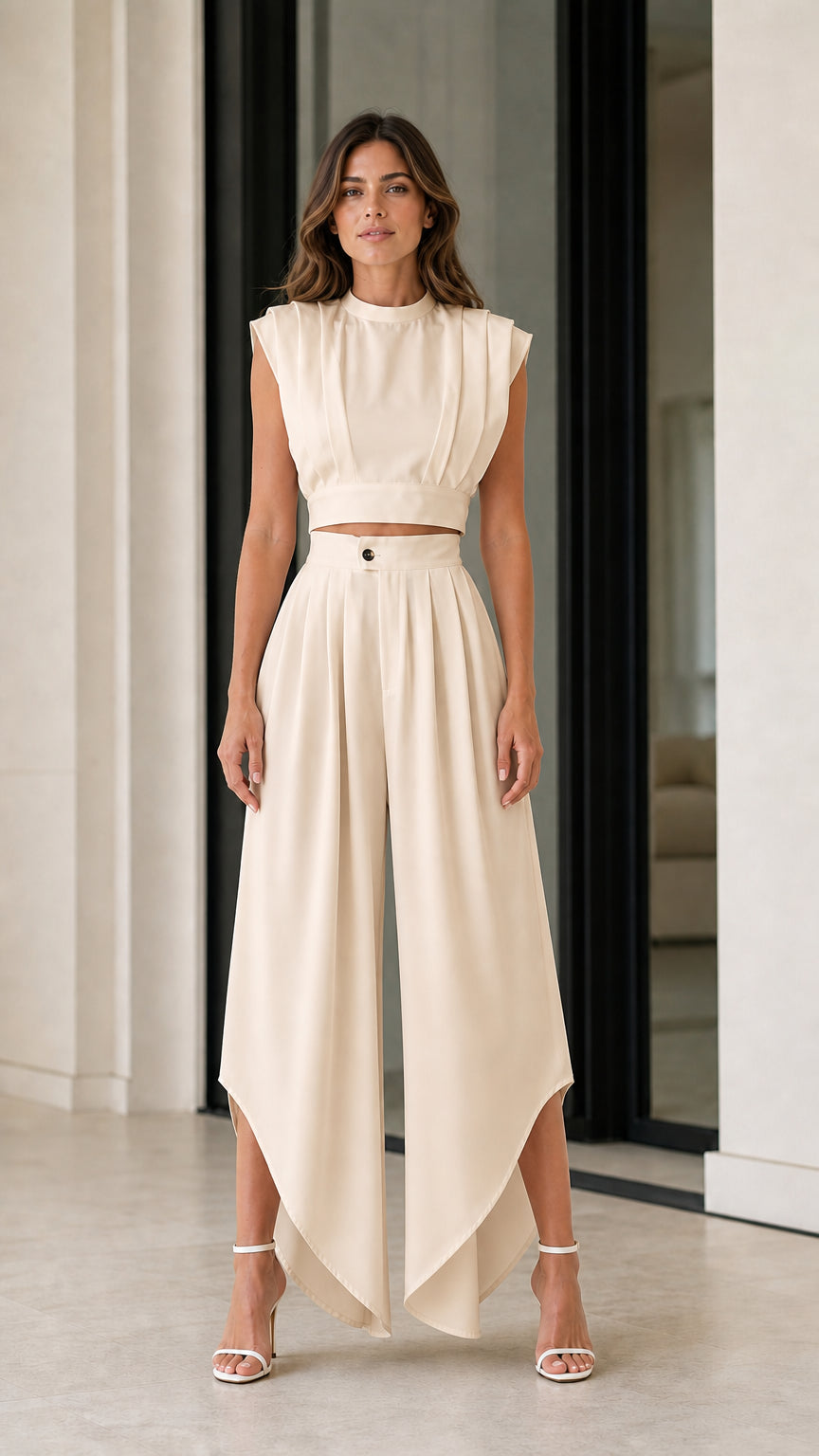Cream beige pleated crop top and flowing high-waisted wide-leg pant set