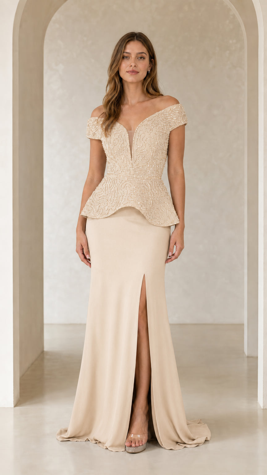 Model wearing champagne beige off-the-shoulder beaded formal gown