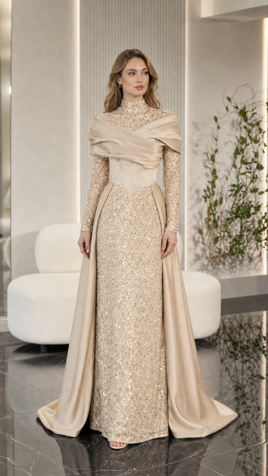 Champagne gold high neck sequin formal gown with draped satin train