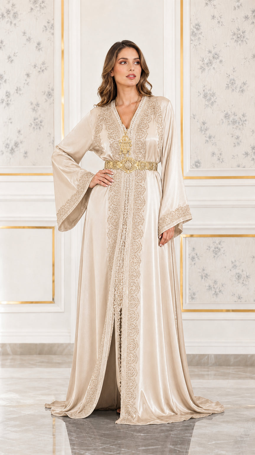 Full front view of champagne beige satin kaftan gown with intricate embroidery
